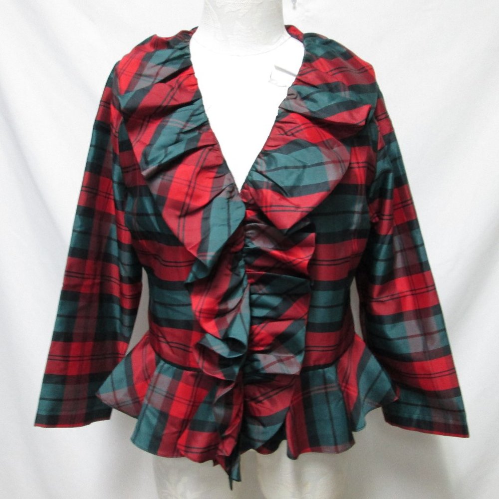 Boston Proper Tartan Plaid Satin ruffle peplum top blouse Classic Size Sz 14